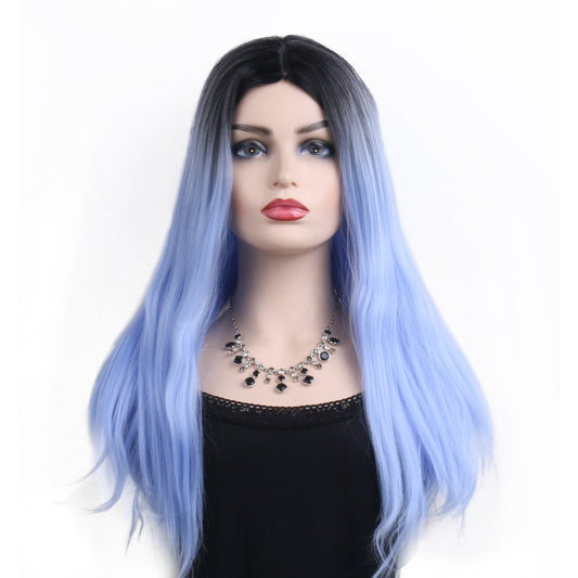 26 inch gradient bright steel blue long straight hair ladies wig Europe and the United States wig synthetic wig