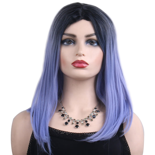 18 inches gradient black blue medium straight hair ladies wig Europe and the United States wig synthetic wig