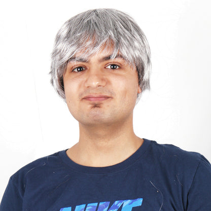 10 Inch Funky Short Silver Kinky Straight Synthetic Fiber Wig For Men Party Wear