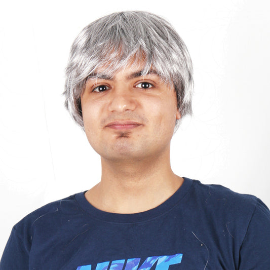 10 Inch Funky Short Silver Kinky Straight Synthetic Fiber Wig For Men Party Wear