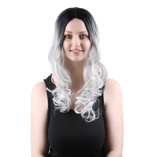 22 Inch Beautiful Middle Length Kinky Curly Gradient Black Silver Synthetic Fiber Wig For Women Daily Wear