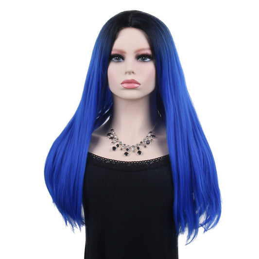 26 inch gradient blue long straight hair ladies wig European and American wig synthetic wig