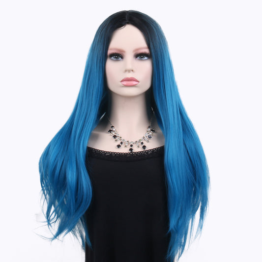 26 inch gradient peacock blue long straight hair ladies wig Europe and the United States wig synthetic wig