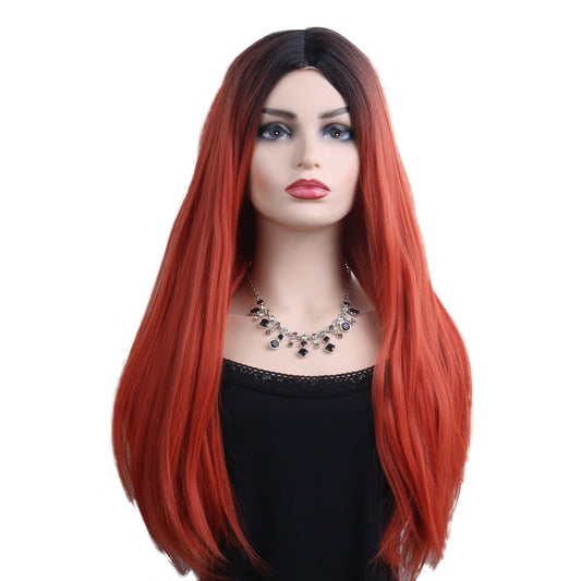 28 inches gradient black light orange long straight hair ladies wig Europe and the United States wig synthetic wig