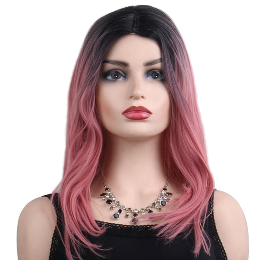 18 inch gradient black pink medium straight hair ladies wig European and American wig synthetic wig