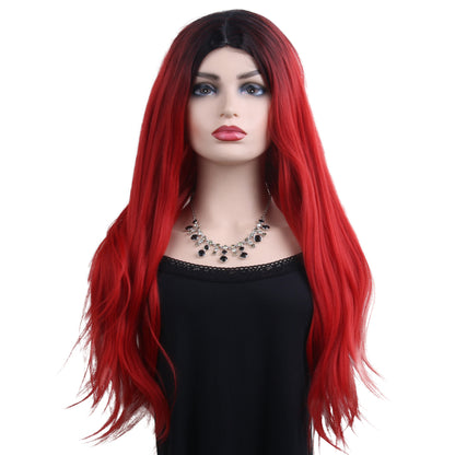 28 inches gradient black red long straight hair ladies wig Europe and the United States wig synthetic wig