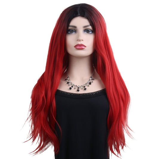 28 inches gradient black red long straight hair ladies wig Europe and the United States wig synthetic wig