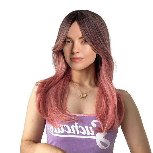 22 Inch Charming Medium Length Silky Straight Wave Gradient Pink Synthetic Fiber Wig For Women Daily Wear