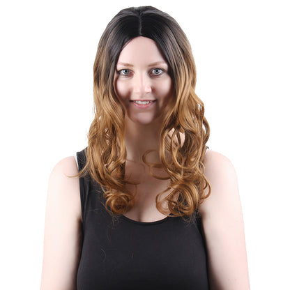 22 Inch Beautiful Fashion Middle Length Kinky Curly Gradient Dark Brown Synthetic Fiber Wig For Women Daily Wear