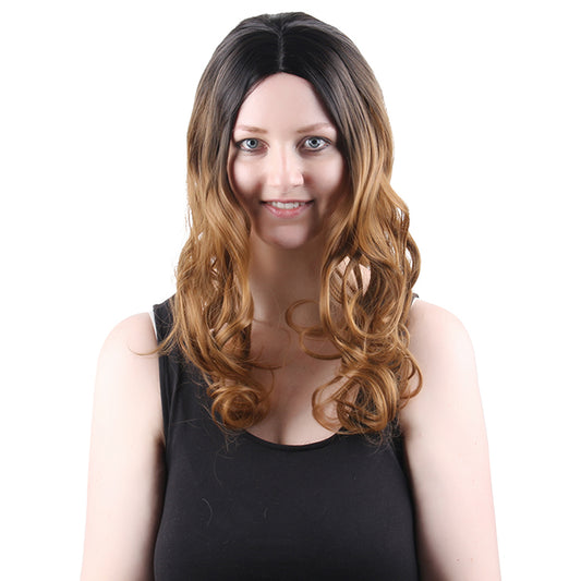22 Inch Beautiful Fashion Middle Length Kinky Curly Gradient Dark Brown Synthetic Fiber Wig For Women Daily Wear