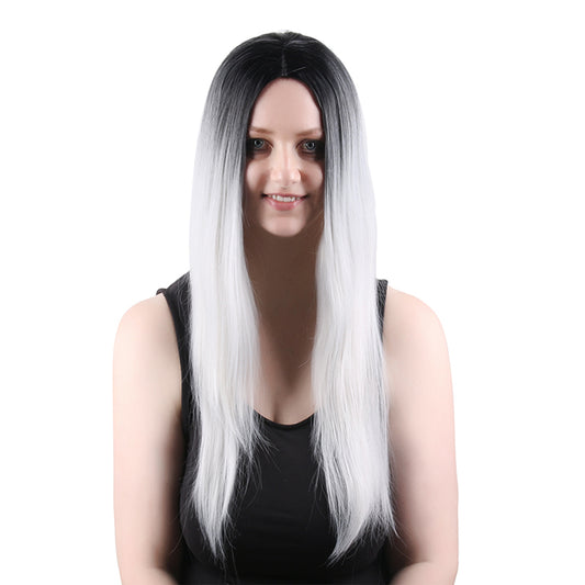 28 Inch Charming Long Kinky Straight Gradient Grey Synthetic Fiber Wig For Women Daily Wear