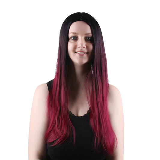 28 Inch Charming Long Kinky Straight Ombre Burgundy Synthetic Fiber Wig For Women Daily Wear
