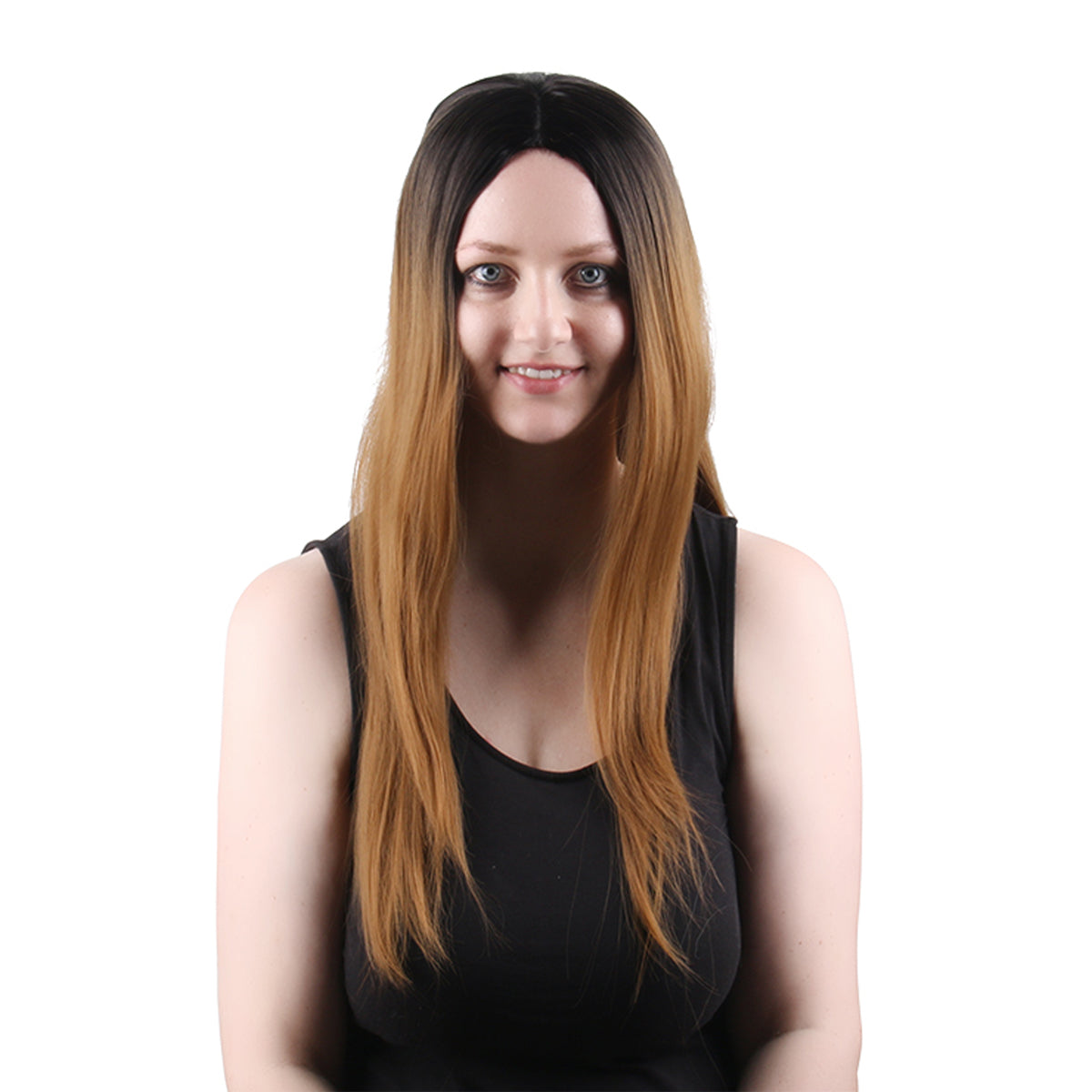 28 Inch Charming Long Kinky Straight Gradient Dark Brown Synthetic Fiber Wig For Women Daily Wear