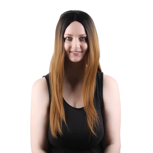 28 Inch Charming Long Kinky Straight Gradient Dark Brown Synthetic Fiber Wig For Women Daily Wear