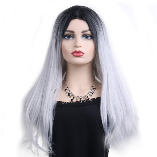 26 inches gradient black light silver long straight hair ladies wig Europe and the United States wig synthetic wig