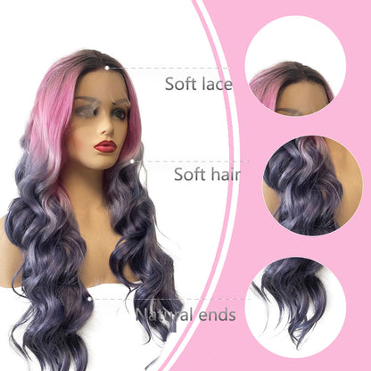 New European and American ladies fashion mixed color pink black and gray long curly hair chemical fiber big wave wig