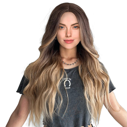 28 Inch Long Ombre Black Blonde Natural Wave Synthetic Wigs for Women Daily Party Wear