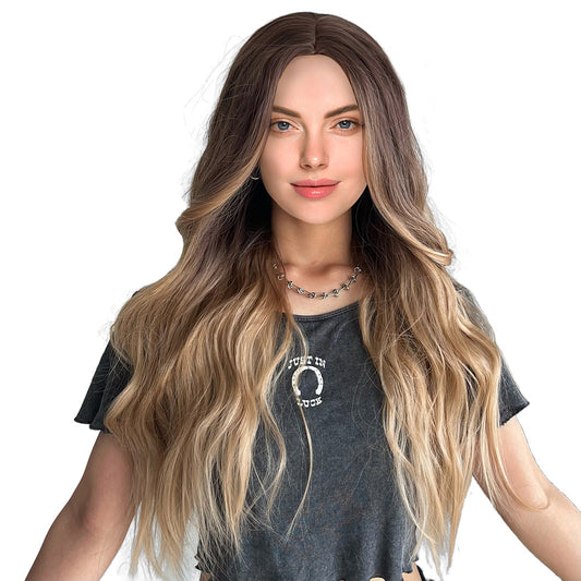28 Inch Long Ombre Black Blonde Natural Wave Synthetic Wigs for Women Daily Party Wear
