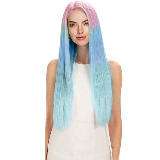 30 Inch Attracrive Long Kinky Straight Gradient Color Synthetic Fiber Wig For Women Daily Wear