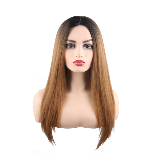 24 inch gradient black brown medium straight hair ladies wig Europe and the United States wig synthetic wig