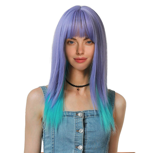 22 Inch Charming Medium Length Purple and Green Mixed Kinky Straight Synthetic Fiber Wig for Women Daily Wear