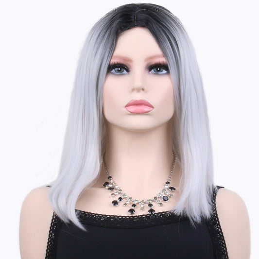 14 inches gradient grey and white middle straight hair ladies wig Europe and the United States wig synthetic wig