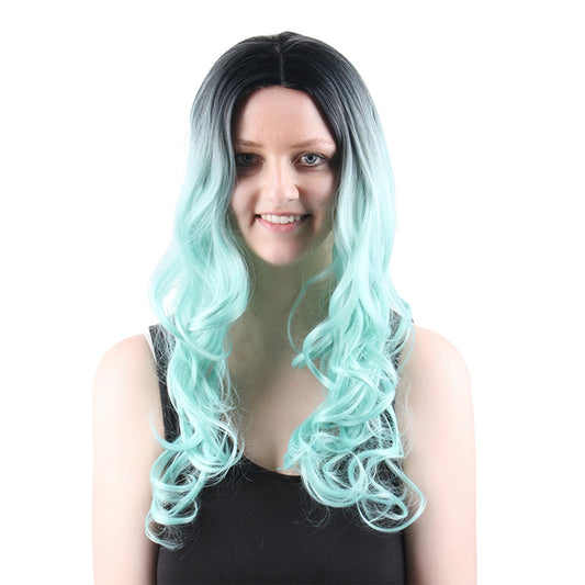 22 Inch Beautiful Fashion Middle Length Kinky Curly Gradient Lake Blue Synthetic Fiber Wig For Women Daily Wear