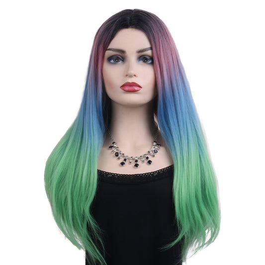 28 inches black pink blue green ombre long hair ladies wig European and American wigs synthetic wigs