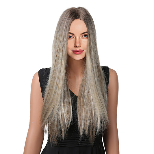 26 Inch Fashion Attractive Long Kinky Straight Black to Grey Ombre Synthetic Fiber Wig For Women Daily Wear