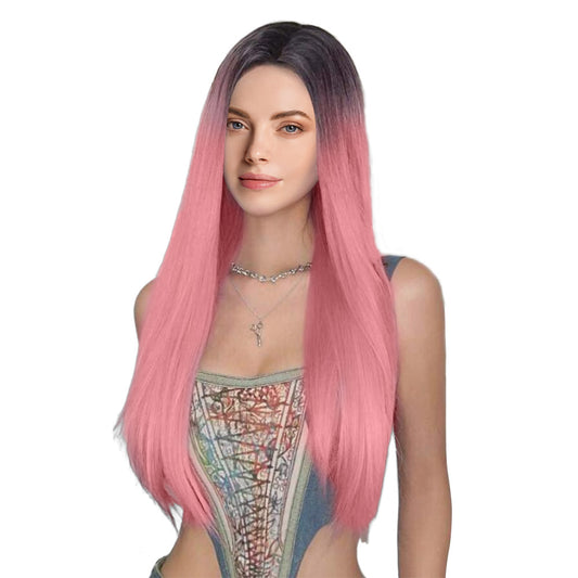 29 Inch Charming Fashion Long Kinky Straight Ombre Pink Lace Front Wig For Women Daily Wear