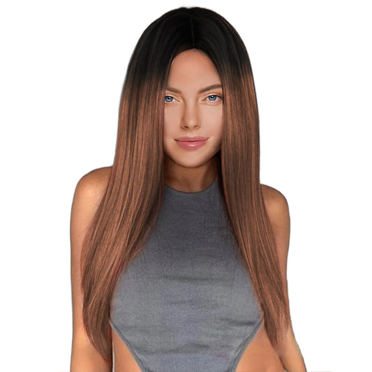 24 Inch Fashion Beautiful Middle Length Kinky Straight Ombre Brown Lace Front Wig For Women Daily Wear