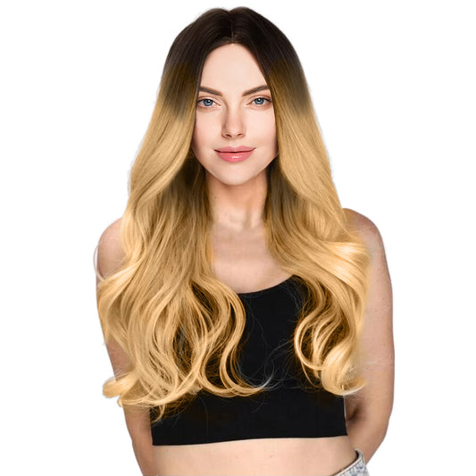32 Inch Fashion Beautiful Long Loose Wave Ombre Yellow Lace Front Wig For Women Daily Wear