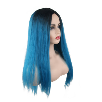 26 inch gradient peacock blue long straight hair ladies wig Europe and the United States wig synthetic wig