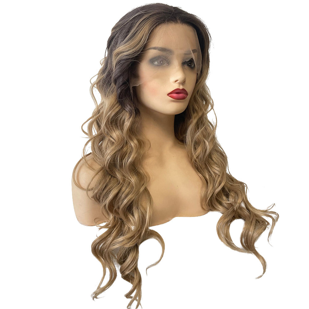 32 Inch Fashion Long Kinky Curl Ombre Blonde Lace Front Wig For Women Daily Wear