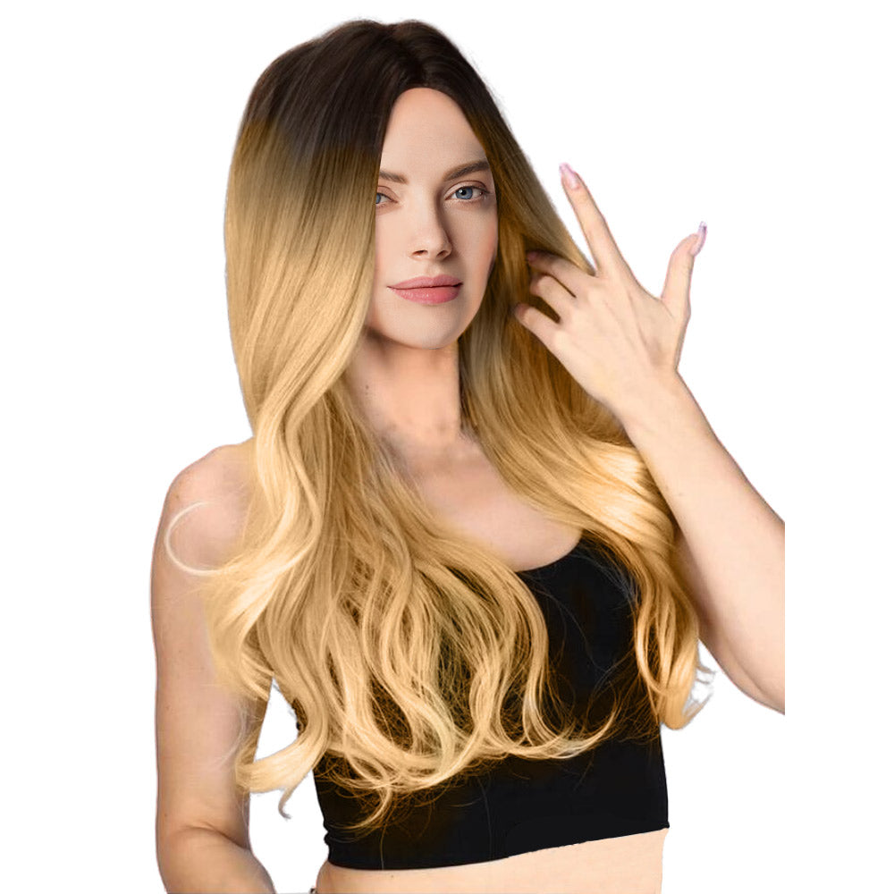 32 Inch Fashion Beautiful Long Loose Wave Ombre Yellow Lace Front Wig For Women Daily Wear