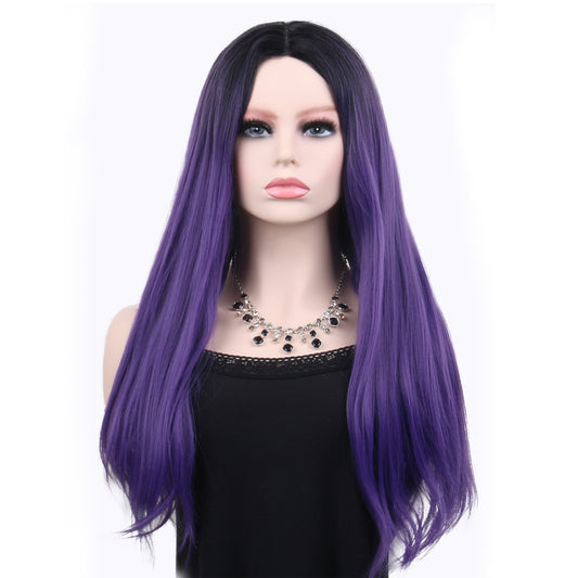 26 inches gradient dark purple long straight hair ladies wig Europe and the United States wig synthetic wig