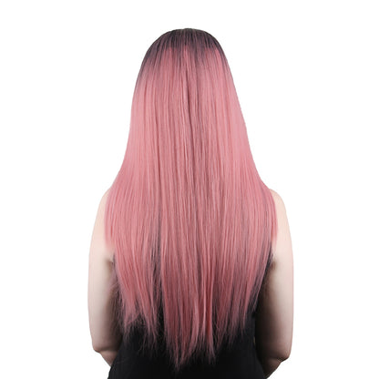 28 Inch Charming Long Kinky Straight Gradient Pink Synthetic Fiber Wig For Women Daily Wear