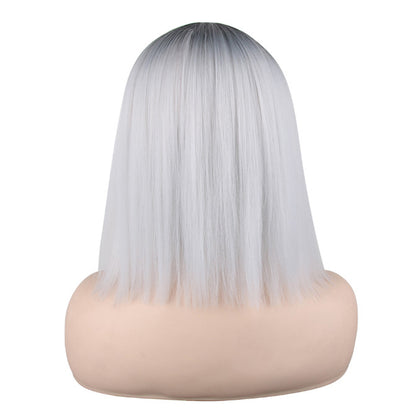 14 inches gradient grey and white middle straight hair ladies wig Europe and the United States wig synthetic wig