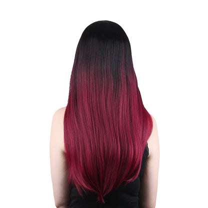 28 Inch Charming Long Kinky Straight Ombre Burgundy Synthetic Fiber Wig For Women Daily Wear