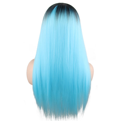 26 inches gradient cyan long straight hair ladies wig Europe and the United States wig synthetic wig
