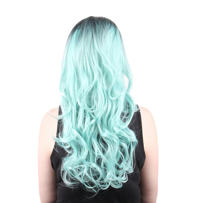 22 Inch Beautiful Fashion Middle Length Kinky Curly Gradient Lake Blue Synthetic Fiber Wig For Women Daily Wear