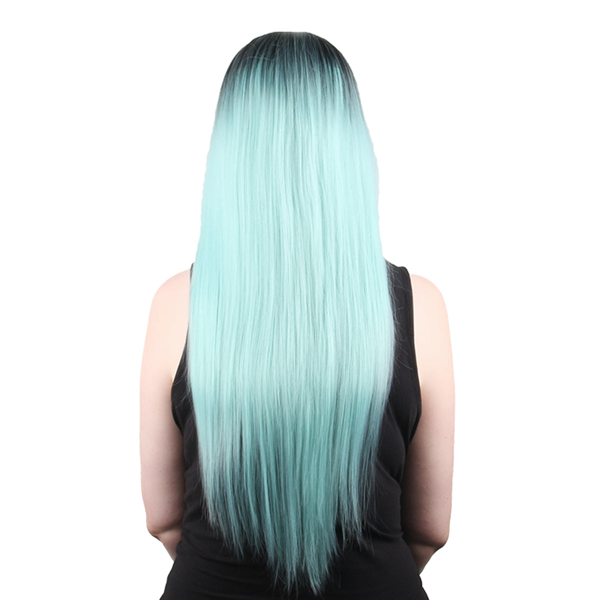 28 Inch Charming Long Kinky Straight Gradient Light Blue Synthetic Fiber Wig For Women Daily Wear