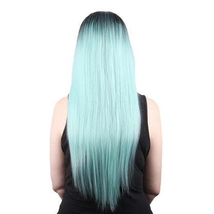 28 Inch Charming Long Kinky Straight Gradient Light Blue Synthetic Fiber Wig For Women Daily Wear
