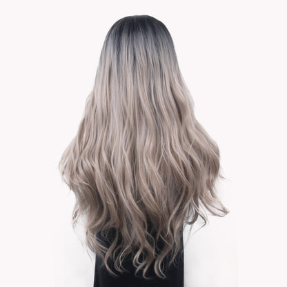 Europe and the United States wig female long hair wavy curly hair fashion middle parting gradient grey and black
