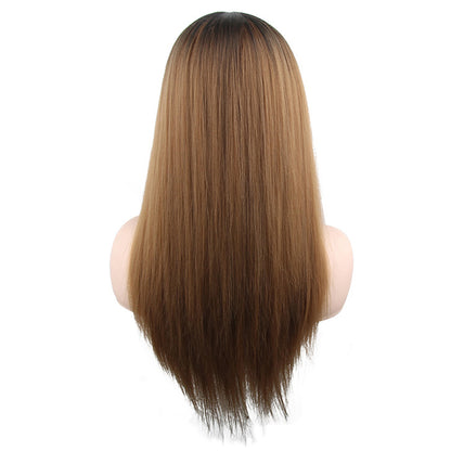 24 inch gradient black brown medium straight hair ladies wig Europe and the United States wig synthetic wig