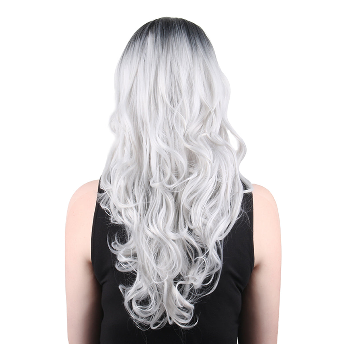 22 Inch Beautiful Middle Length Kinky Curly Gradient Black Silver Synthetic Fiber Wig For Women Daily Wear