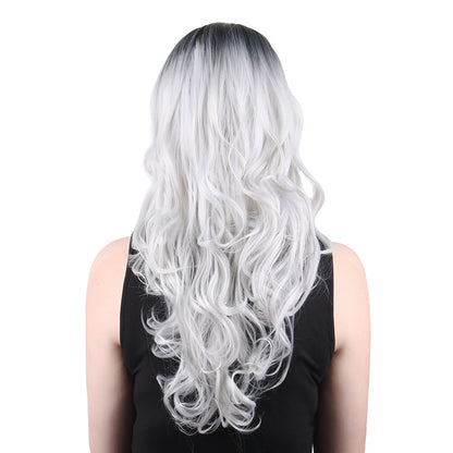 22 Inch Beautiful Middle Length Kinky Curly Gradient Black Silver Synthetic Fiber Wig For Women Daily Wear