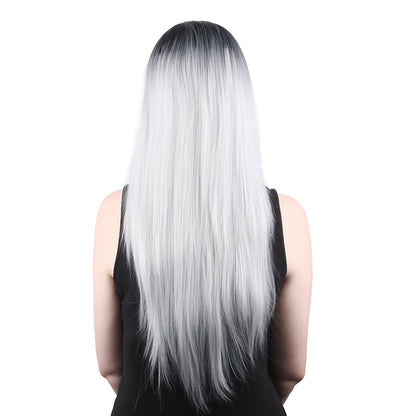 28 Inch Charming Long Kinky Straight Gradient Grey Synthetic Fiber Wig For Women Daily Wear