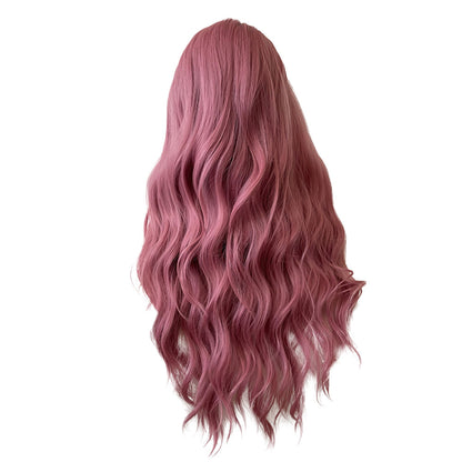 28 Inch Beautiful Long Loose Wave Pink Wigs With Bangs For Women Synthetic Natural Wavy Wig Corlorful For Daily Wear