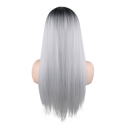 26 inches gradient black light silver long straight hair ladies wig Europe and the United States wig synthetic wig